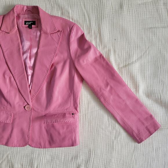 Vintage Black Rivet Womens L Bubblegum Pink Leather Jacket Collared Blazer - Picture 5 of 9